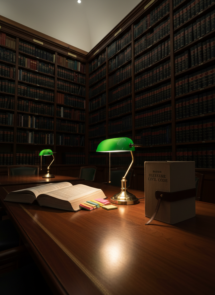 A sophisticated corner of a law library featuring a single dark-wood reading table with a built-in green glass banker’s lamp casting a warm, focused pool of light over an open jurisprudence volume, color-coded sticky notes, and a bookmarked civil code. Tall shelves filled with uniformly bound legal books stretch upward into a softly shadowed background. Overhead, very gentle ambient lighting keeps the space from feeling dim, while the lamp provides dramatic contrast on the table surface. Photographic realism, captured from a low, slightly diagonal angle that leads the eye along the table toward the shelves, creating depth and a studious, reliable atmosphere aligned with in-depth legal research and professional advocacy.