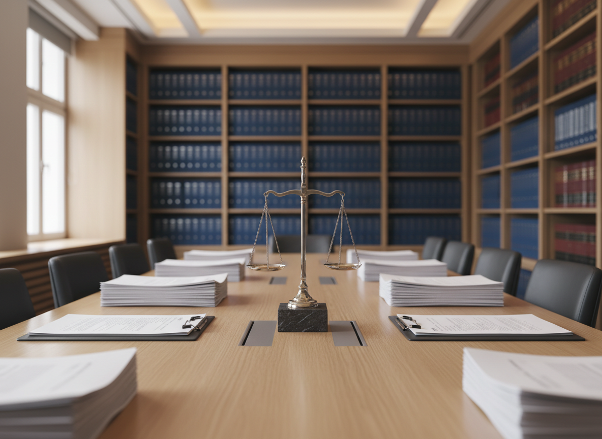 An elegant meeting table in a law office, constructed from light oak with a satin finish, arranged with neatly aligned legal documents, a pair of stainless-steel clipboards, and a central decorative element: a finely crafted metal sculpture of the scales of justice atop a dark stone base. In the background, out-of-focus built-in shelves hold uniform binders and thick legal volumes. Warm, indirect ceiling lighting combines with faint natural window light, creating soft, even illumination and subtle reflections on the table’s surface. Captured at eye level with a slightly wide frame and sharp focus throughout, the photographic scene feels orderly, welcoming, and highly professional, ideal for illustrating serious, client-focused legal advocacy.